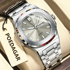 POEDAGAR Original Fashion Mens Watches Waterproof Luminous Date Week Men Watch Stainless Steel Business Luxury Quartz Man Watch