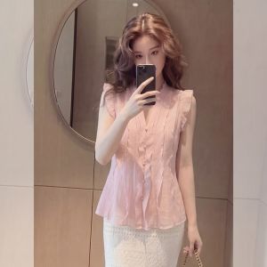 YIKEMAI | V-Neck Ruffle Sleeveless Slim Fit Versatile Womens Blouse