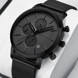 Hannah Martin Multifunctional Sports Men Sports Watch Black Dial Stainless Steel Waterproof Calendar Quartz Mens Clock Watches