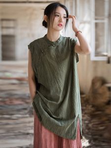 New Chinese Style Womens Summer Tie Dye Midi Length Thin Cotton Vest Top Retro Buttonless Sleeveless T-Shirt Commute Pure Color