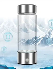 Hydrogen Water Generator Bottle 420ml - Transparent glass metallic cap and base blue light indicator ROHS and CE certified water splashes H symbols.