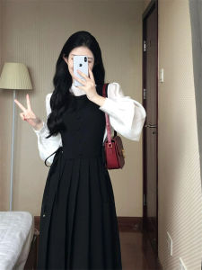 Spring 2026 French Style Pleated Waist Cinching Overalls Dress High Collar Shirt Two Piece Set Womens Long Sleeve Pure Color
