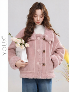 YOUXIANG | Áo Khoác Đứng Cổ Da và Lông Pink Vintage Thời Trang