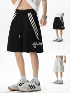 SZON | American Style Side Stripe Embroidery Trendy Loose Sports Ice Silk Quick-Dry Mens Shorts