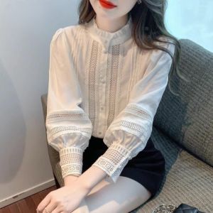 Long Sleeve Lace Shirt Womens Spring Autumn Winter New Style French Style Chiffon Blouse Small Size Cardigan Pure Color Polyester Fiber