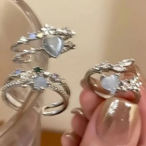3Pcs Thời Trang Tinh Tế Màu Xanh đá màu ánh trăng Zircon Nhẫn hình trái tim Set Đối Với Phụ Nữ Y2K nơ đính kim cương giả nhẫn đeo ngón tay Đồ Trang Sức quà tặng cho bạn gái