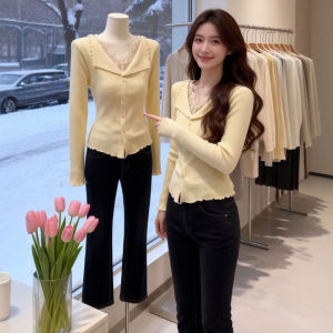 CHANGTONG | Elegant French Sweet V-neck Lace Edge Knitwear