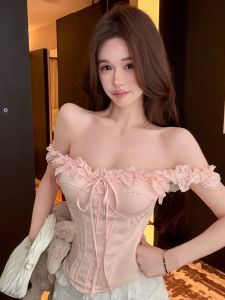 GUZILIAN | Pink Spaghetti Strap Body-Sculpting Corset Top Spring New