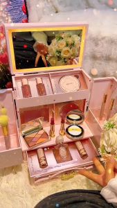 Bộ Trang Điểm Quà Tặng MEIYU hồng 14 món dạng hộp cốp trang điểm phong cách hoa biếc kèm gương LED - Quà tặng bạn gái