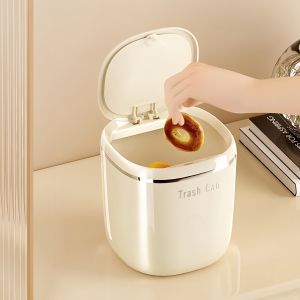 Luxury Mini Desktop Garbage Can Car Use Plastic round Shape Press Open Cover Lid Waste Bucket Storage Bin Cute Bedside Basket