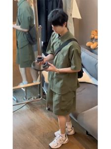 Military Green Casual Workwear Set Mens Short Sleeve Shirt And Shorts Summer Fashionable Two-Piece Suit Polyester Nylon Material