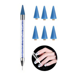 Dual-Ended Rhinestone Picker Dotting Pen with 6 Replaceable Wax Tips Reusable Nail Art Gem Pick Tool for Home DIY Salon Manicure
