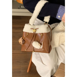 Trendy Plush Bucket Bag Womens Fashionable Cartoon Backpack Dual Shoulder Strap Korean Style Soft PU Leather Daily Use