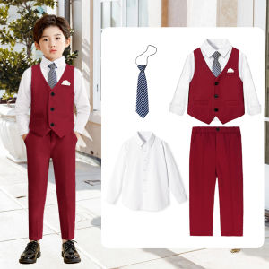 LOlanta Christmas Kids Boy Gentleman Formal Suit Vest Pants White T-shirt Necktie Set Children Wedding Birthday Party Costume
