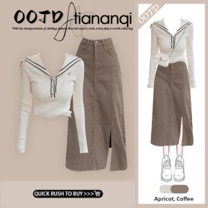 TIANANQI | Bộ Áo Len Dệt Kim Cổ Thủy Thủ và Chân Váy Midi Jean Phong Cách Tinh Khôi