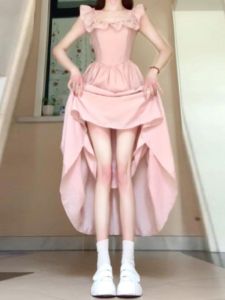 Gentle Wind French Style Unique Beautiful Pink Dress Waist Cinched Long Skirt Soft Cotton Summer New Arrival Urban Commute
