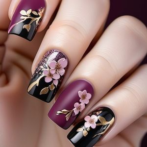 3D golden plated fake nails Medium square shape Spring summer flowers pink white blue black red full cover tips press on nail