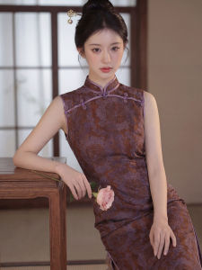 Elegant Brown Cheongsam Dress Sleeveless Waist-Cinching