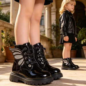 New Children Autumn Winter Casual Wing Mid-Calf Boots Kids Girl Bow Slip-Resistant Short Boots Baby Warm PU Leather Boots Casual