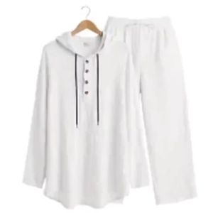 Mens Linen Casual Set 2 Pieces Spring Summer Loose Fit Hooded Henley Shirt & Pants Set Breathable Outdoor Vacation Style