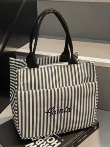 JIFANPAUL | Striped Zipper Pocket Canvas Tote Bag for Women