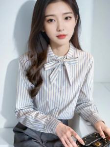 AMMIN 2024 Autumn New fashion bow stand collar single-breasted commuter chiffon blouse Korean style long sleeve vintage blue striped print elegant Blouse