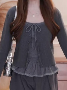 Shalldoer | Korean Style Gray Long Sleeve Knit Cardigan & Tank Top Combo
