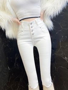 กางเกงยีนส์ทรงสลิมฟิตเอวสูงสีขาว สำหรับผู้หญิง กางเกงขายาวทรงเข็มสีเข้ม ทรงเข้ารูป กางเกงขายาวทรงเข็มสำหรับใส่ทำงาน