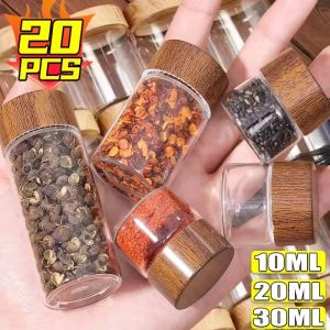 กระปุกแก้วเล็กบรรจุการจัดเก็บถั่วชาและกาแฟขนาด10/20/30มล. ขวดโหลกันอากาศเข้าขวดแก้วเล็กพกพาได้ DIY กระป๋องปิดผนึกกระป๋องขวดเครื่องเทศใสพร้อมฝาไม้