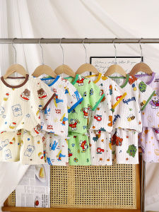 Pure Cotton Summer Thin Short Sleeve Baby Set Childrens Home Clothes Two-Piece Suit Breathable Comfortable Dinosaur Cartoon