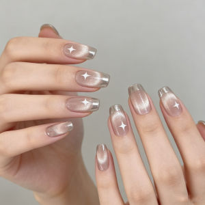 Short medium fake nails for women girls gradient nude pink silver glossy shimmer cat eyes nail tips full cover press on nails