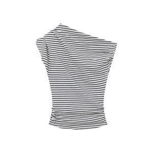 Summer Women Off-Shoulder Stripe Short Sleeve T-Shirt Womens Shoulder-Baring Slim Top Girls Basic Shirt Adult Slimming T-Shirt