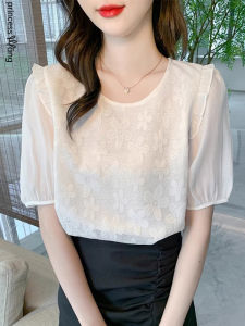 WANGGONGZHU | เสื้อยืดผู้หญิงแขนสั้นผ้าชีฟองสไตล์ฝรั่งเศส ดีไซน์เก๋ไก๋ เสื้อเชิ้ตผู้หญิงแฟชั่น เทรนด์ใหม่ 2025