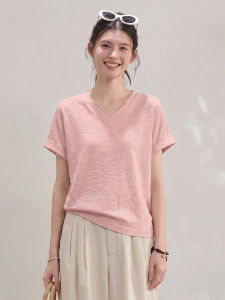 V.C.I | Breathable V-Neck Loose Slimming Pink Pinpoint Cotton T-Shirt