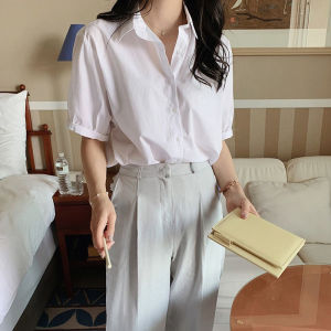 White Cotton Casual Shirt Womens Short Sleeve Summer New Style 2025 Korean Version Slim Fit Button up Pure Color Shirt