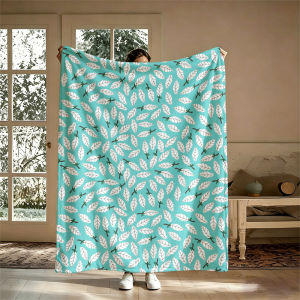 Potdemiel | Teal White Leaves Flannel Blanket Soft Warm Christmas Halloween Blanket for Lightweight Cozy Room Home Decor Gifts
