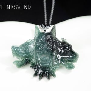 TIMESWIDD Authentic A-type Jade Cerberus Three-Headed Hell Hound Carving Pendant Men Titanium Steel Necklace with Certificate