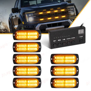 8Pcs LED Bright Strobe Lights Front Grill Warning Light With Controller Fit for Car Firefighter Trucks Vehicles Yellow White 12V
