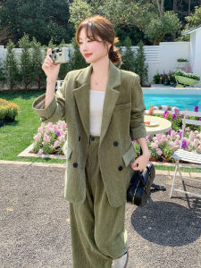 Green Cool Grand Lady Personality Old Money Style Suit Set Womens Wide Leg Pants Two Piece Set Autumn New Arrival Fashionable