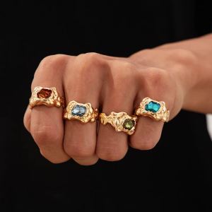 Ingemark | Ingemark 4Pcs/Set Size 8 Vintage Crystal Gold Color Rings for Men Creative Geometric Adjustable Open Knuckle Ring Couple Jewelry