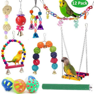 12pcs Pack Bird Toy Cage Bird Accessories Wood Parrot Toys Swing Suspension Bridge Ball Cage Bells Pet Supplies Set