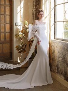 เรียบหรู ลูกไม้ ผ้าซาติน งานแต่งงานแบบเบา เดรส หางปลาไหล่เดียว สไตล์ฝรั่งเศส พิธีกรูมมิ่ง เดรส สําหรับผู้หญิงทุ่งหญ้ากลางแจ้ง