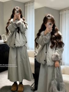 XUECAIQI | Fashionable Winter OOTD Outfit Soft Faux Fur Coat and Skirt Set