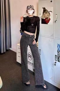 Quần Jeans Denim Ống Thẳng Dài Cạp Cao in Hình Mèo Cạp Cao Quần Dài Mùa Xuân Thu Quần Jeans Nữ