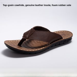 Leather Sandals Mens Summer Genuine Leather Board Flip Flops Outdoor Wearable Slippers Casual Flat Heel Polyurethane Bottom
