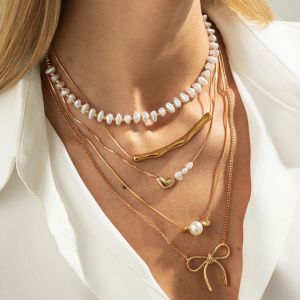 Ingemark | Ingemark 5Pcs/Set Exquisite Elegant Imitation Pearls Chokers Necklaces for Women Trendy Gold Color Bow Neck Chain New Jewellery