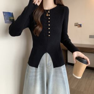 เสื้อถักสีแดงสไตล์จีน ทรงเข้ารูป แขนยาว ทรงเข้ารูป สำหรับผู้หญิง ฤดูใบไม้ร่วง ไซส์ใหญ่ เสื้อชั้นในสุดเก๋