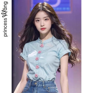 WANGGONGZHU | Princess Style Short Sleeve Slim Fit Shirt Womens Fashionable Stand Collar Top Elegant Beautiful Design Summer New Arrival