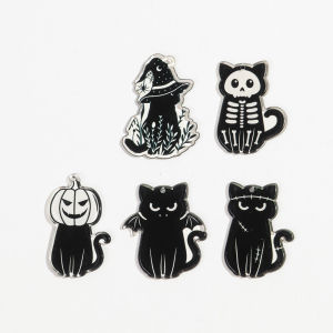 10pcs Halloween Acrylic Print Charms Cute Black Skull Cat Pumpkin Pendant for DIY Jewelry Making Keychain Earring Accessories