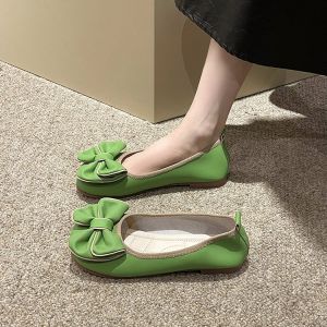 Wide Width Comfortable Soft Bottom Womens Shoes Size 41-43 Bean Bean Slip-On Fashionable Flat Footwear Butterfly Knot French Evening Style